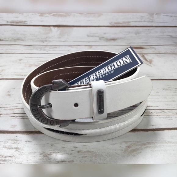True Religion Jeans White Leather Horseshoe Belt - Picture 1 of 7
